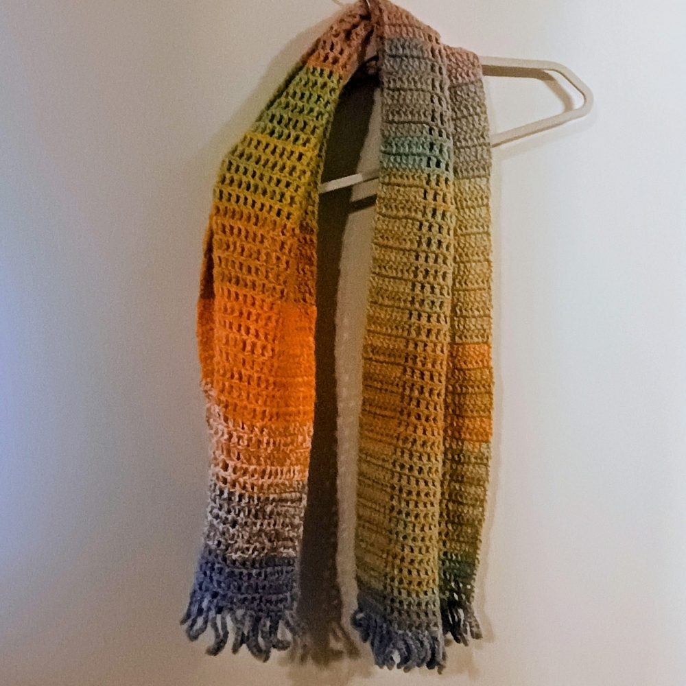 Vintage Handmade Crocheted Gradient Scarf in Orange, Yellow & Blue